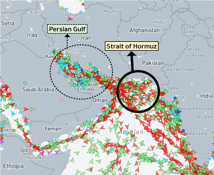 The Persian Gulf and the Strait of Hormuz. / Source: MarineTraffic
