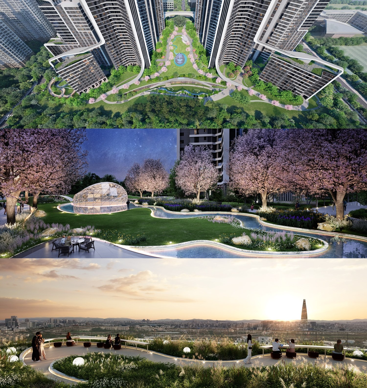 위에서부터 '래미안 루미원' 중앙광장 ‘파라마운트 밸리(PARAMOUNT VALLEY)’, ‘스타라이트 웨이브(STARLIGHT WAVE)’, 루프탑 정원 ‘더 피크 가든(THE PEAK GARDEN)’. /사진제공=삼성물산