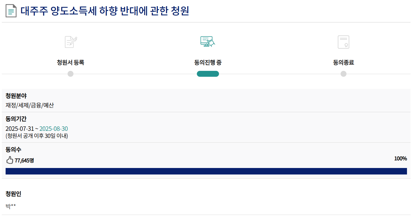 자료출처= 국회 국민동의청원 '대주주 양도소득세 하향 반대에 관한 청원' 내용 갈무리(2025.08.02)
