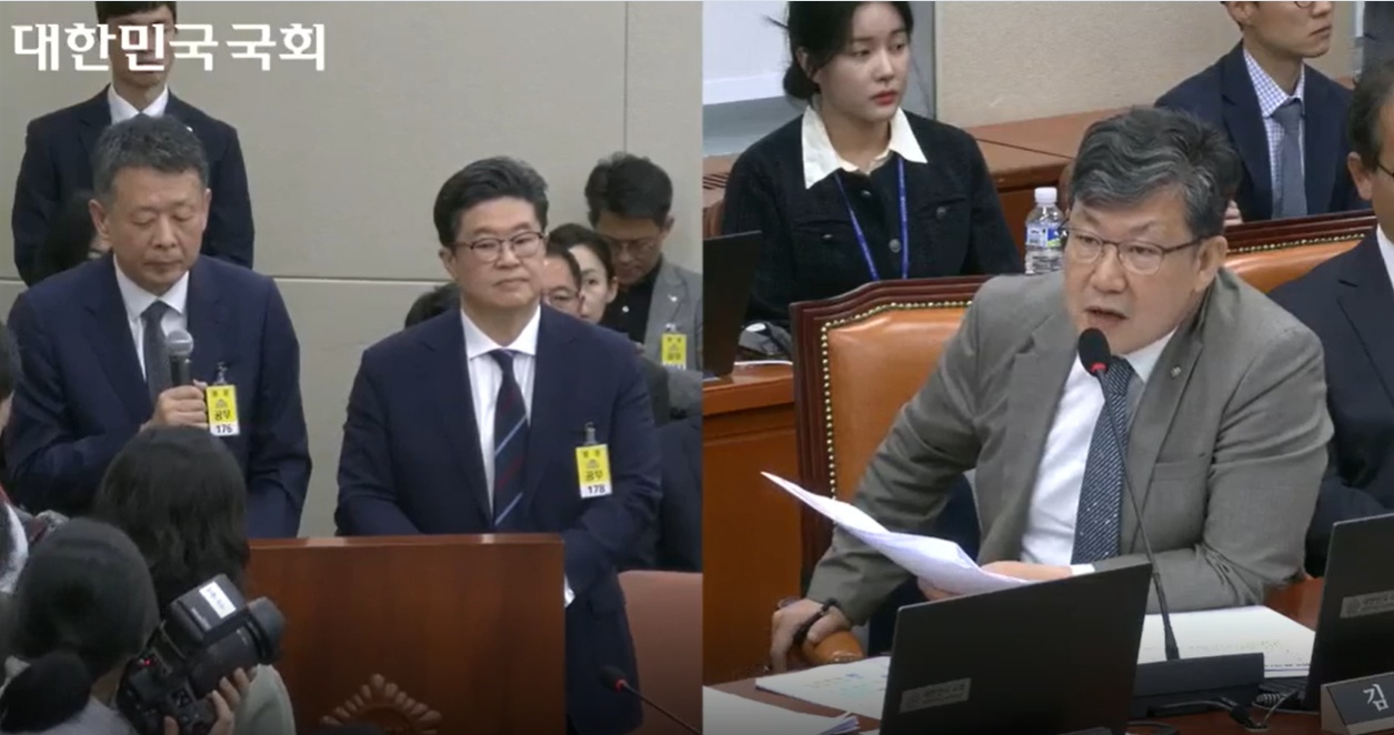 지난 14일 열린 정무위 국정감사에 참석한 김광일 mbk파트너스 부회장(왼쪽), 김병주 mbk파트너스 회장. /사진=인터넷의사중계시스템