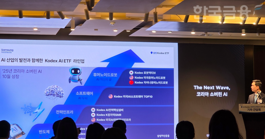 정재욱 삼성자산운용 ETF운용팀장이 20일 서울 소공동 웨스틴조선호텔에서 열린 'KODEX 코리아소버린AI ETF' 상장(21일 예정) 기자간담회에서 발표하고 있다. AI ETF 라인업. / 사진= 한국금융신문(2025.10.20)