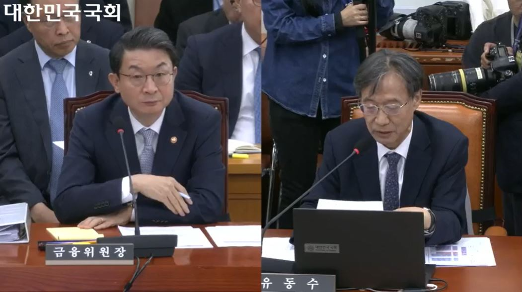 이억원 금융위 위원장(왼쪽)과 유동수 민주당 의원(오른쪽)이 20일 정무위원회의 국정감사에 출석해 질의와 답변을 진행하고 있다. / 사진= 국회 인터넷의사중계 시스템 화면 갈무리(2025.10.20)