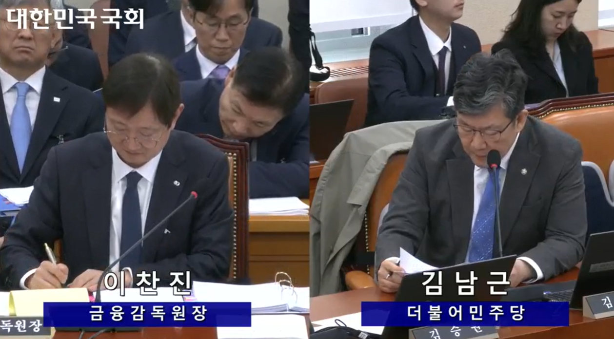 김남근 의원이 21일 국회에서 열린 정무위원회 국정감사에서 이찬진 금융감독원장에 질의를 하고 있다./사진=국회의사중계시스템