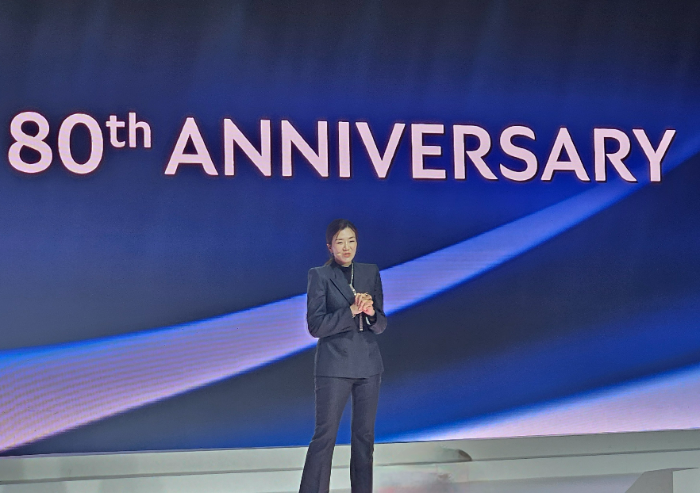 조현민 한진 사징이 23일 서울 용산구 그랜드하얏트서울에서 열린 창립 80주년 기념식에서 발표하고 있다. /사진=신혜주 기자