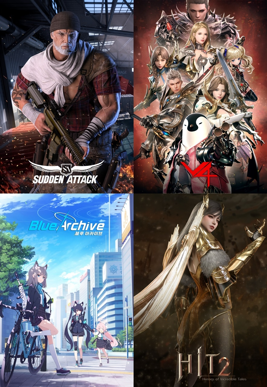 넥슨게임즈 주요 서비스 라인업. (왼쪽 위부터 시계방향으로) 서든어택, V4, 히트2, 블루 아카이브.