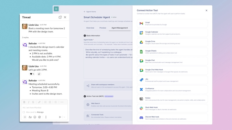 씽크프리 리파인더 AI 에이전트가 슬랙, 구글 챗에서 사용자의 대화형 요청을 인식해 회의 일정을 예약해주는 모습. / 사진=씽크프리