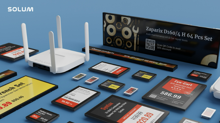 솔루엠의 뉴튼(Newton) 전자가격표시기(ESL)와 디지털 사이니지. /사진제공=솔루엠