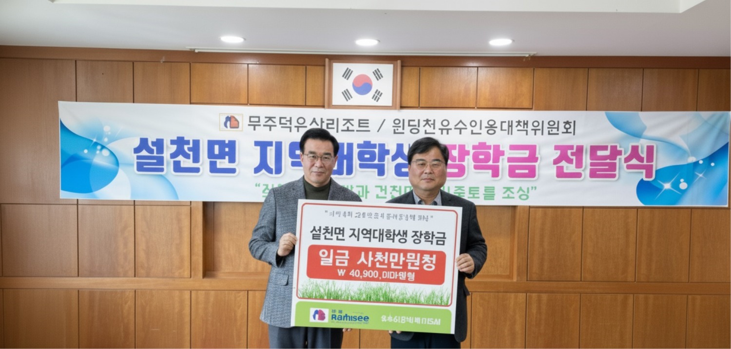 성장현 무주덕유산리조트 대표이사(왼쪽)와 김종국 원당천유수인용대책위원회 회장이 장학금 전달식에서 기념촬영을 하는 모습./사진제공=부영그룹