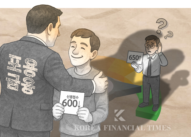 '포용금융' 정책으로 저신용자가 우대받는 동안, 신용점수 오른 중신용자가 오히려 소외되는 '금리 역설' 현상 일러스트.