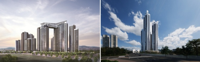 현대건설 '디에이치 아델스타'(사진 왼쪽)와 대우건설 '블랑 써밋 74' 투시도./현대건설·대우건설