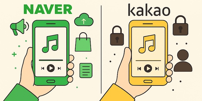 네이버와 카카오가 서로 다른 방식으로 음원 서비스 강화를 위한 동맹 전략을 펼치고 있다. 네이버는 글로벌 음악 플랫폼과 제휴해 생태계를 확장하고, 카카오는 국내 통신사와 손잡아 이용자 락인(잠금효과)을 강화하는 전략을 택했다. / 이미지=챗GPT