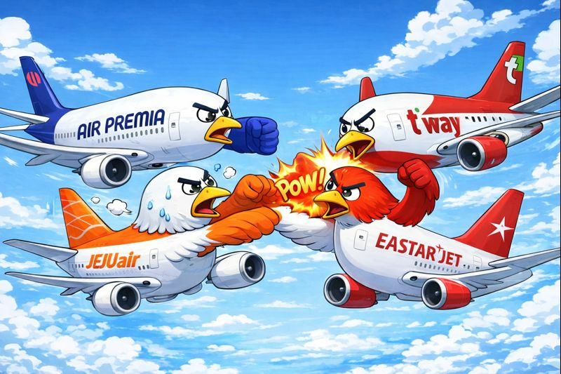 (왼쪽 위에서 시곗바늘 방향으로) 에어프레미아, 티웨이항공, 이스타항공, 제주항공 여객기. /이미지=챗GPT