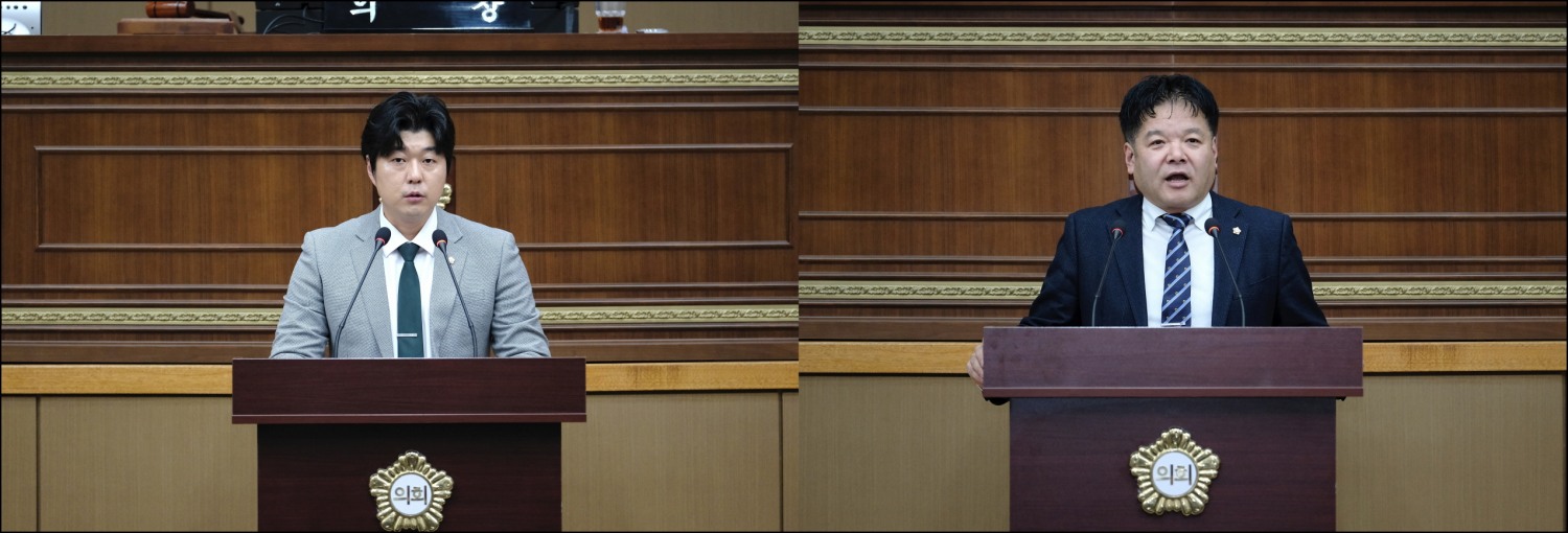 고병준 마포구의원(왼쪽), 신종갑 마포구의원이 5분 발언 펼치는 모습./사진제공=마포구의회