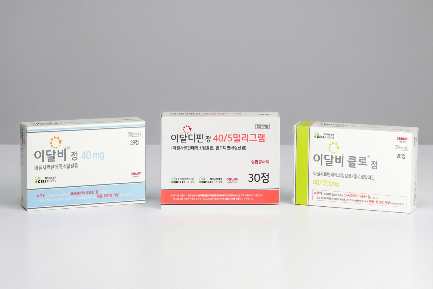 (왼쪽부터) 이달비, 이달디핀, 이달비클로 제품사진. /사진=대원제약