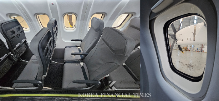 섬에어 1호 신조기 'ATR72-600' 2-2 배열 좌석과 창문에서 바라본 외부 모습. /사진=신혜주 기자