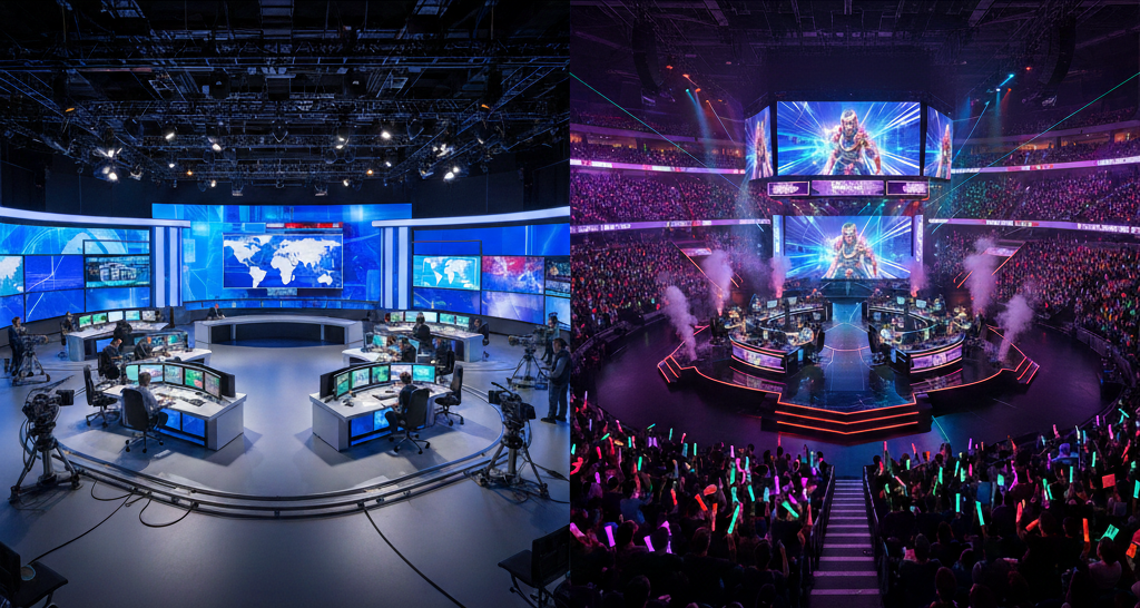 AI로 생성한 방송국 스튜디오 및 e스포츠 경기장 전경. /이미지=CJ올리브네트웍스