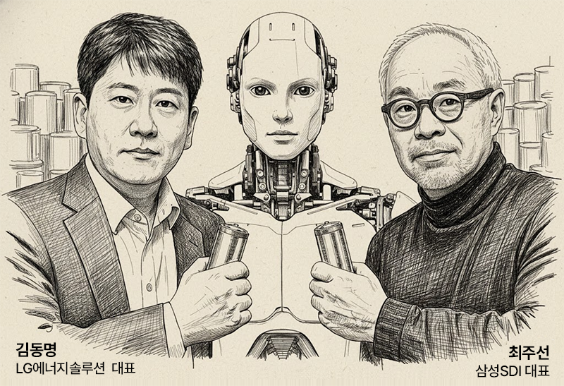 ▲ LG에너지솔루션과 삼성SDI가 로봇 배터리 경쟁을 본격화한다. 사진은 LG에너지솔루션 김동명 대표(왼)와 최주선 삼성SDI 대표/ 일러스트 = 생성형 AI