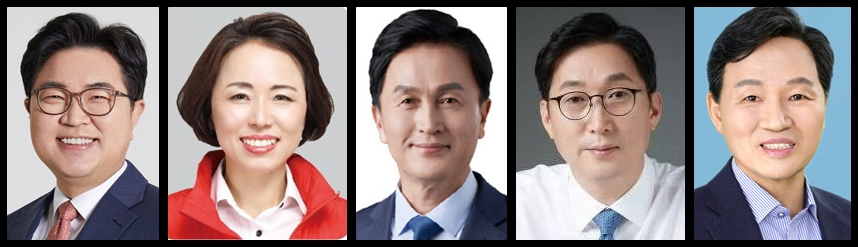 왼쪽부터 박일하 동작구청장(국민의힘), 최정아 전 동작구의원(국민의힘), 유삼영 동작구을 지역위원장(더불어민주당), 이창우 전 동작구청장(더불어민주당), 오영수 전 동작구 부구청장(더불어민주당)./사진=동작구 및 각 사무실
