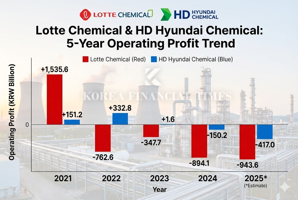* Includes projected figures for HD Hyundai Chemical (cumulative operating loss of KRW 391.8 billion for Q1–Q3) / This infographic, originally published by Korea Financial Times, has been reconstructed using generative AI (Gemini).