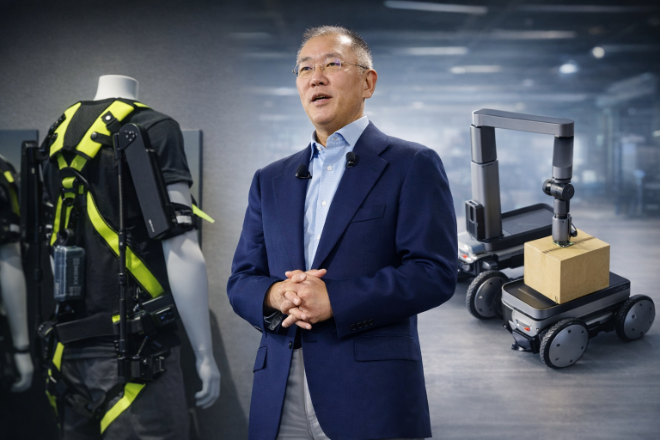 정의선 현대차그룹 회장(가운데)과 현대차그룹이 양산에 나선 착용형 로봇 '엑스블숄더(왼쪽)', 자율주행 로봇 플랫폼 '모베드'. / 사진=챗GPT