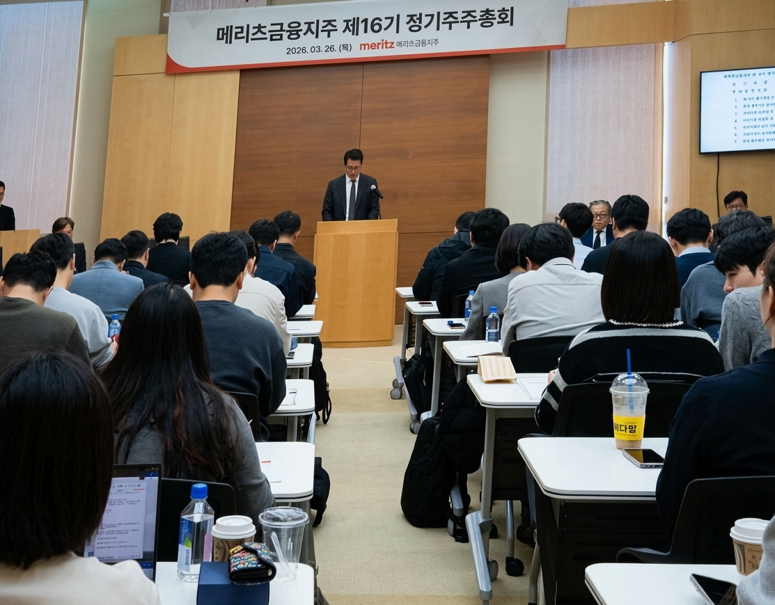 김용범 메리츠금융 부회장이 26일 열린 제 16기 정기주주총회를 진행하고 있다. 사진=강은영 기자