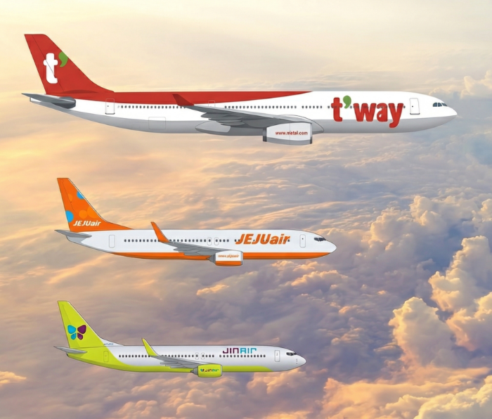 (위에서부터) 티웨이항공, 제주항공, 진에어 여객기. /사진제공=각 사
