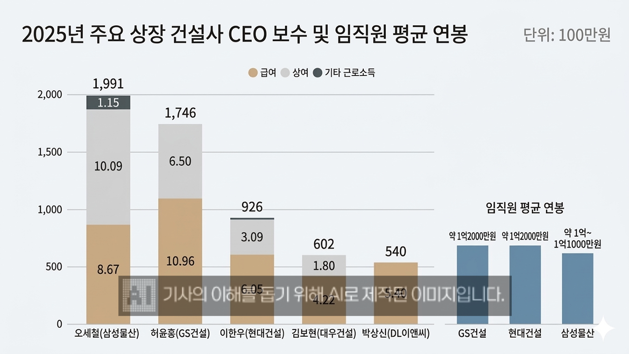 ▲ 2025년 주요 상장 건설사 CEO 보수 및 임직원 평균 연봉. 자료제공 = 금융감독원 전자공시시스템 자료를 바탕으로 제미나이를 활용해 만든 그래프.