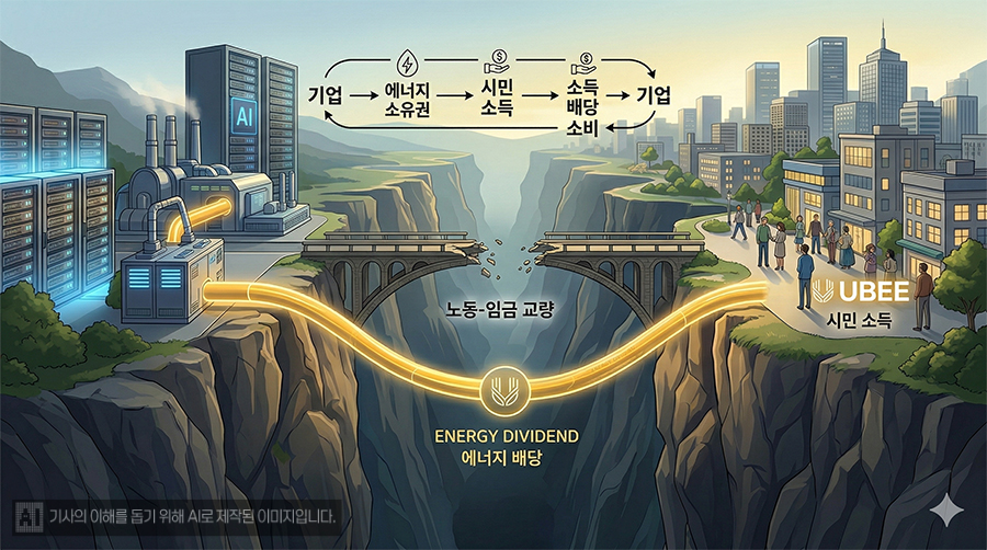 ▲개인이 에너지 생산수단을 소유하고 에너지 배당을 받는 구조는 안정적이고 지속가능하다. (이미지: 생형성 AI 활용)