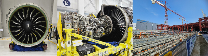 A320-Neo 계열기 엔진 'PW1100G-JM' 앞면·측면(왼쪽에서 첫 번째, 두번째) 모습과 대한항공 엔진 테스트 셀(ETC) 신(新) 엔진 정비 공장 증축 공사 현장. /사진=신혜주 기자