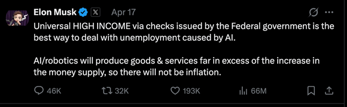 ▲일론 머스크가 X(옛 트위터)에 올린 게시물. “노동 소멸은 명확한데 방법을 모르겠다”던 그는 미국이 전통적으로 써 왔던 헬리콥터 머니를 대안으로 제시했다.
