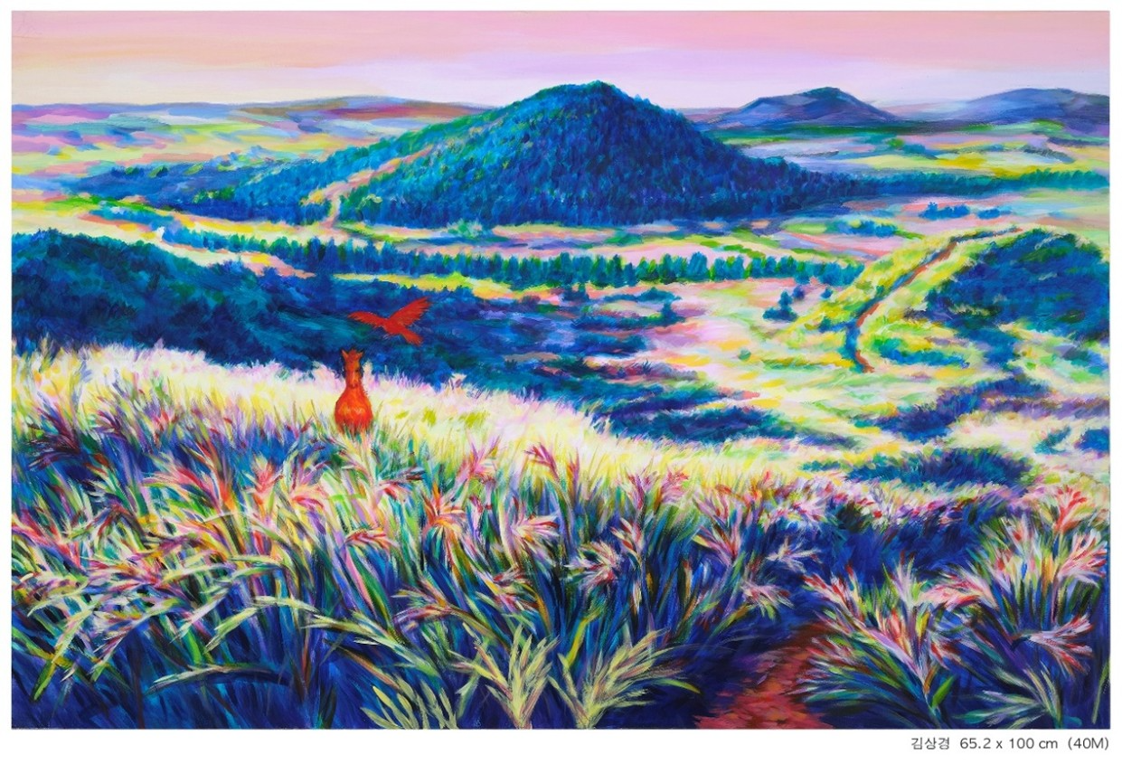 따라비오름과 붉은새와 붉은말1, 65.2x100cm, 캔버스에 아크릴, 2026