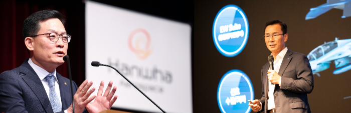 손재일 한화시스템 대표이사(왼쪽)와 신익현 LIG D&A 대표이사. /사진제공=각 사