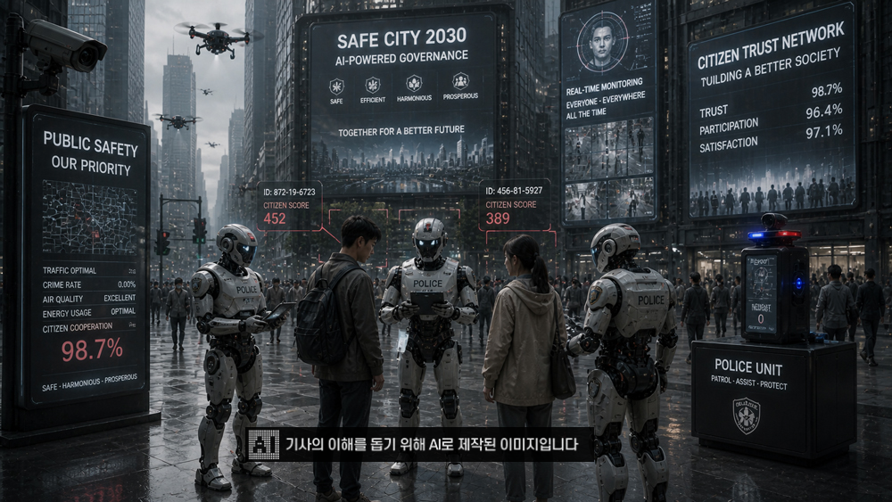 중국은 이미 로봇 경찰이 배치되고 있다. SF에서 상상으로 그리던 모습은 더 이상 상상이 아니다. (생성형AI활용)