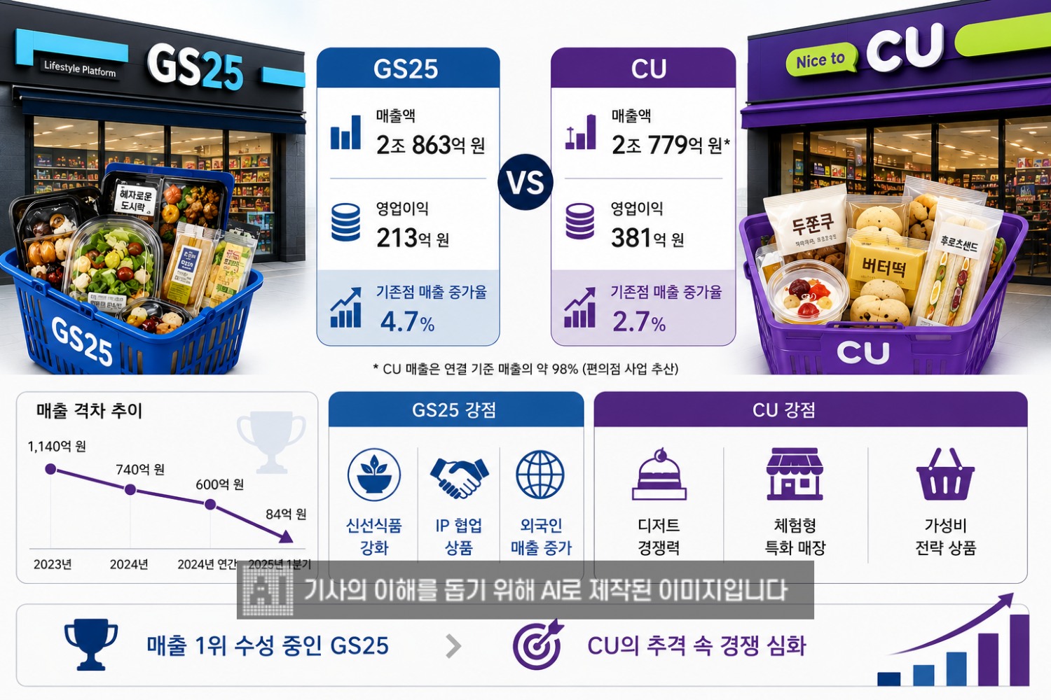 GS25와 CU가 올해 1분기 나란히 수익성이 개선됐다. /사진=생성형AI