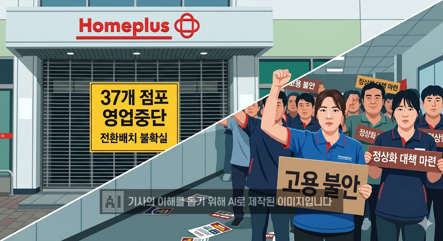 홈플러스가 37개 점포 영업을 잠정중단하며 직원들의 전환배치를 약속했으나 말을 바꿨다. /사진=생성형AI