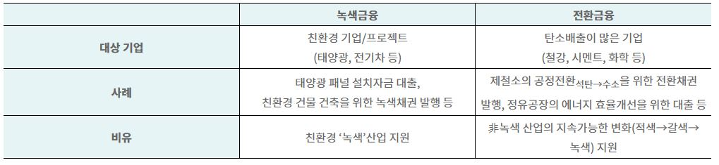 정부가 예시로 든 녹색금융(Green Finance)과 전환금융(Transition Finance) 프로젝트 / 자료=금융위원회