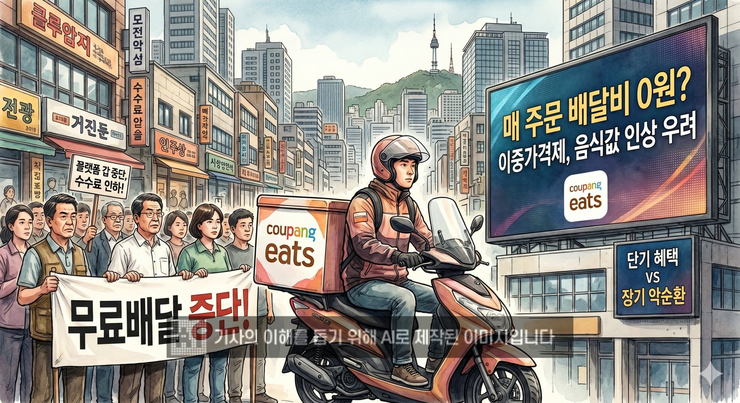 쿠팡이츠 무료배달 서비스 확대에 우려의 목소리가 나오고 있다. /사진=생성형AI