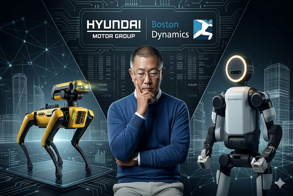 Hyundai Motor Group Chairman Chung Eui-sun with Boston Dynamics' robot dog 'Spot' and humanoid robot 'Atlas'/ Created with generative AI