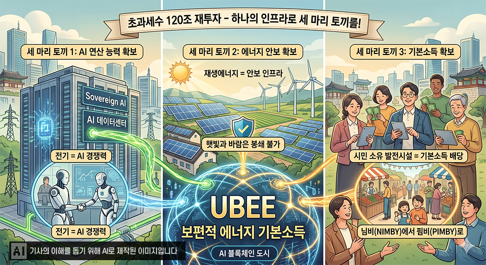 재생에너지 인프라를 개인들이 소유하는 구조(UBEE)는 대규모 전기 생산으로 에너지 안보를 확보하고 안정적인 기본소득 인프라까지 구축하는 세마리 토끼를 잡을 수 있다. (이미지: 생성형AI활용)