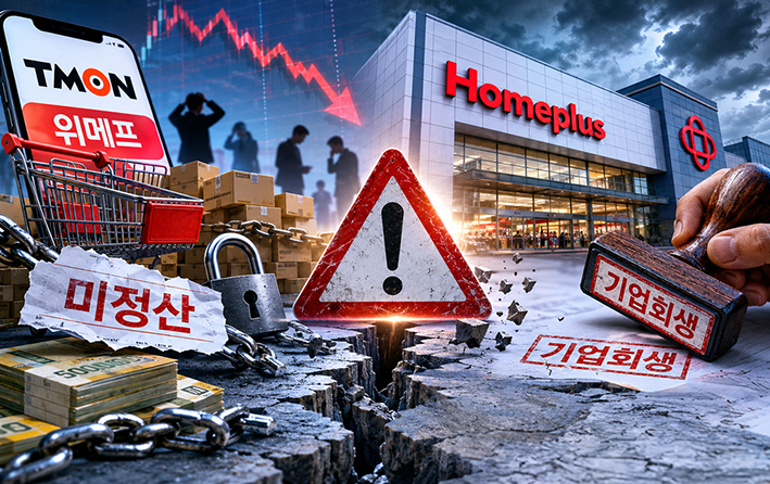 ▲ 2024년, 2025년에 차례로 벌어진 티메프 사태와 홈플러스의 기습 기업회생. /이미지 = 생성형 AI
