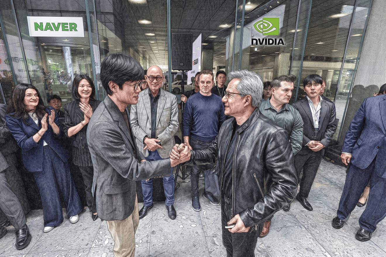 On June 8, Nvidia CEO Jensen Huang visited NAVER's headquarters "1784" in Bundang-gu, Seongnam, Gyeonggi Province, and met with Lee Hae-jin, NAVER's Global Investment Officer (GIO) and chairman of the board. / Created using generative AI based on an original photo provided by NAVER to aid understanding of the article.