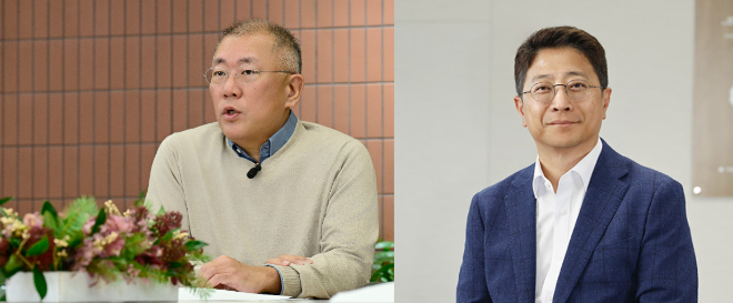 정의선 현대차그룹 회장과 권오성 현대위아 대표이사. / 사진=각사