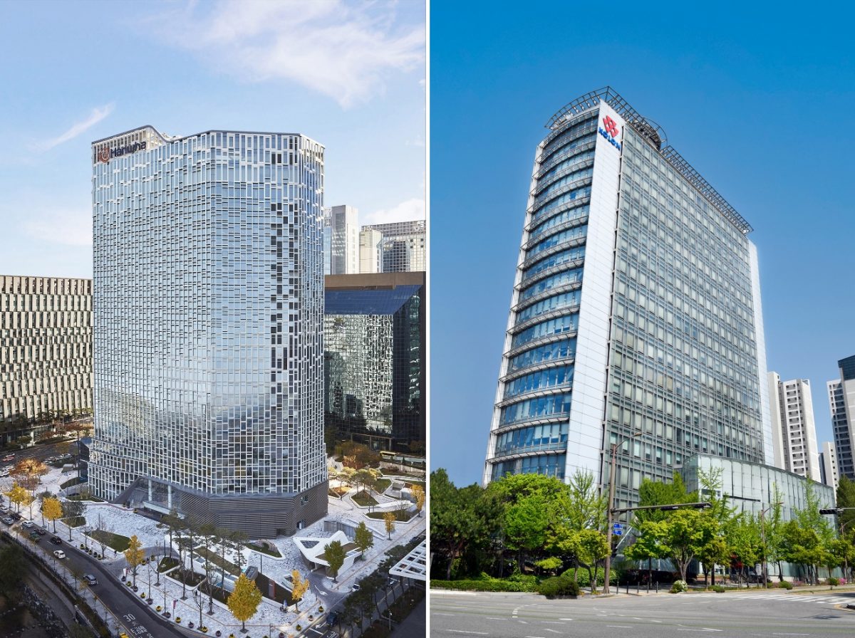 서울 중구 장교동 한화 건설부문(사진 왼쪽)과 경기 과천 코오롱글로벌 본사 전경. /사진제공=한화 건설부문·코오롱글로벌