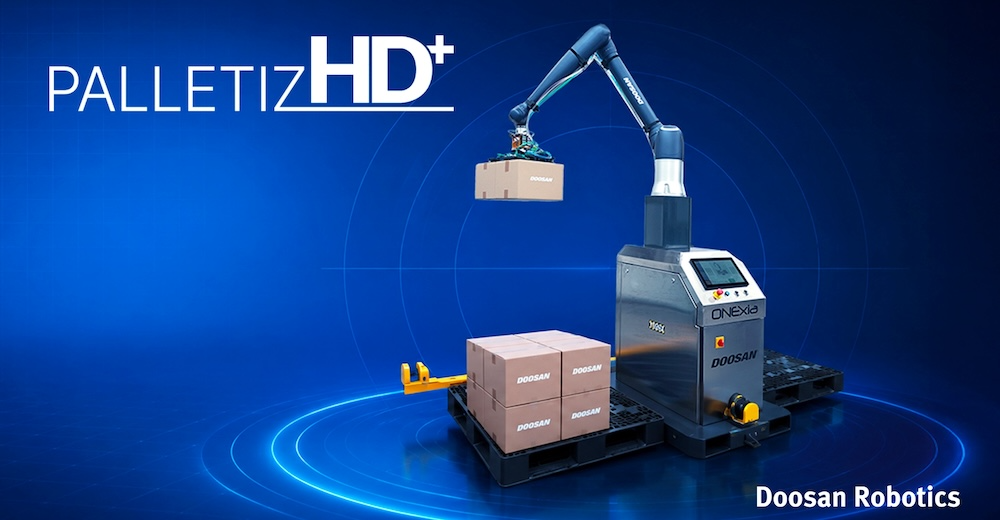 두산로보틱스가 이번 ‘오토메이트(Automate) 2026’에서 처음 선보이는 AI 팔레타이징 솔루션 ‘PalletizHD+’ 랜더링 이미지. /이미지=두산로보틱스