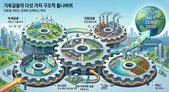 기후금융은 자본을 감축이 발생하는 영역으로 유도하는 구조이며, 다섯 금융 축이 함께 작동할 때 탄소중립은 현실화된다. (KIUDA 제공 - AI 생성 이미지)