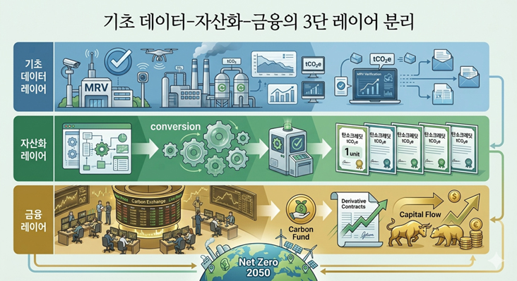 기초 데이터–자산화–금융의 3단 레이어를 분리하는 분리 핵심은 탄소금융을 분리하는 것이 아니라, 탄소크레딧을 금융상품과 혼동하지 않도록 레이어를 구분하는 것이다. (KIUDA 제공 - AI 생성 이미지)
