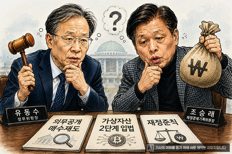 ▲유동수 정무위원장(왼쪽)과 조승래 재정경제기획위원장. 이들 앞에 놓인 세 가지 과제는 의무공개매수제도, 가상자산 2단계 입법, 재정준칙이다.