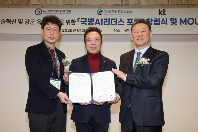 (왼쪽부터) 김현철 한국인공지능협회장, 김승주 국방혁신기술보안협회장, 안창용 KT 엔터프라이즈 부문장(부사장)이 지난 1월 15일 서울 용산구 국방컨벤션에서 열린 국방 AI 리더스 포럼 출범식에서 기념촬영을 하고 있다. /사진=국방AI리더스포럼