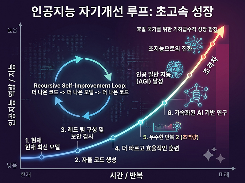 엔스로픽의 다리오 아모데이는 최신 모델의 코드 90% 이상을 클로드가 작성했다고 언급한 바 있다. AI의 재귀적 자기개선 시점이 점점 다가오고 있다.