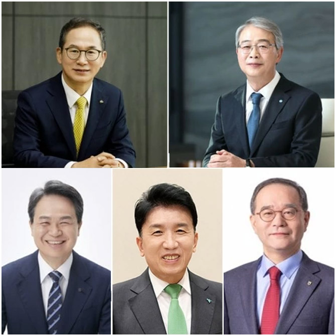 5대 금융지주(KB·신한·하나·우리·NH농협) 회장. (시계 방향으로) 양종희 KB금융 회장, 임종룡 우리금융 회장, 이찬우 농협금융 회장, 함영주 하나금융 회장, 진옥동 신한금융 회장 / 사진=한국금융신문DB
